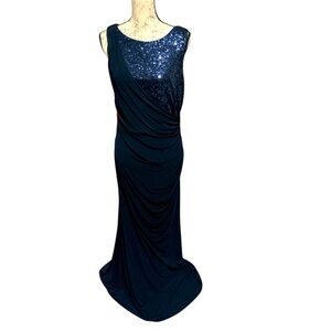 Jessica Howard Sequined Ruched Asymmetrical Gown Size 14 Side Zipper